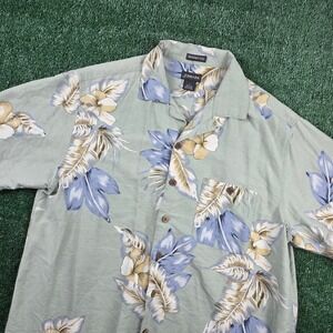 St Johns Bay Mens Large Washable 100% Silk Hawaiian Shirt Sage Green Tropical